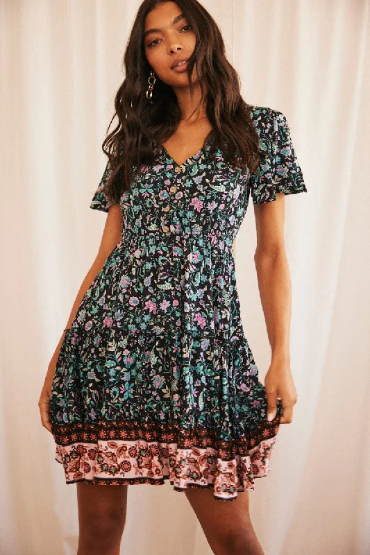   Elegant casual clothing for modern women   Black Mini Dress Fit & Flare Short Sleeve V-Neck