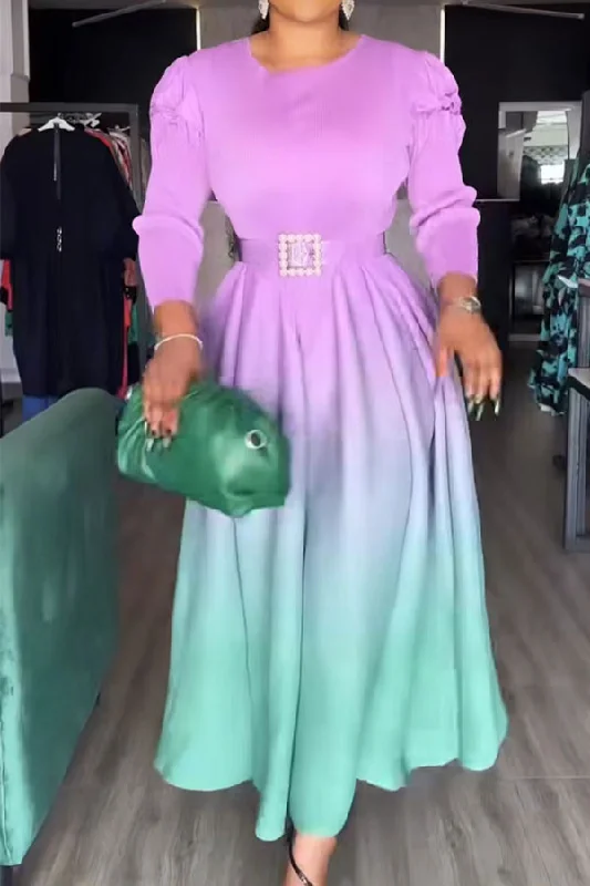  Stylish plus-size clothing for women   Gradient Round Neck Feminine Pleated Maxi Dress