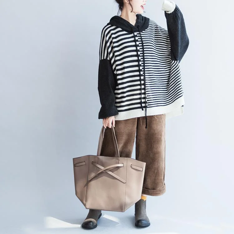 Fashion-forward women’s clothing on a budget   autumn new black thick warm striped patchwork woolen knit tops