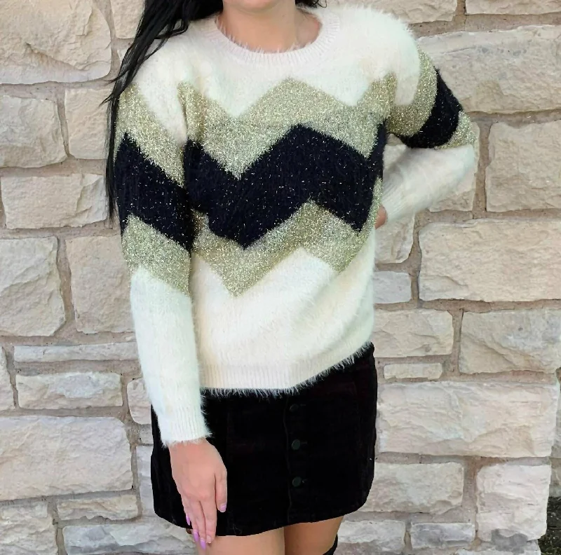 Refresh your closet with chic and comfy styles   Chevron Metallic Fuzzy Sweater In Cream