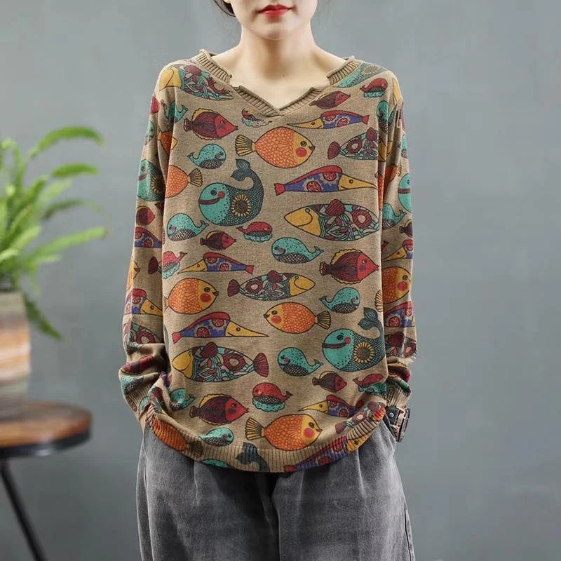 Luxurious fabrics and modern designs for women   Cozy Retro Fish Print Knit Sweater Top