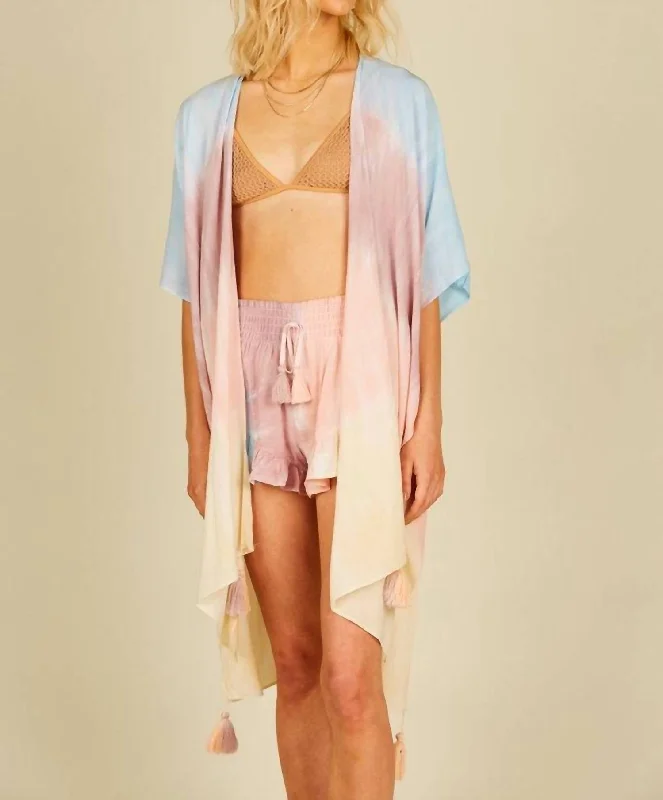 Fashionable clothing to fit every body type   Daybreak Stripe Tie Dye Kimono With Tassels In Tie-Dye Print