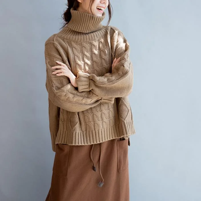 Feminine and fashionable clothing for every wardrobe   Khaki Cable knit sweater women short sweaters pullover cotton knitted tops turtle neck
