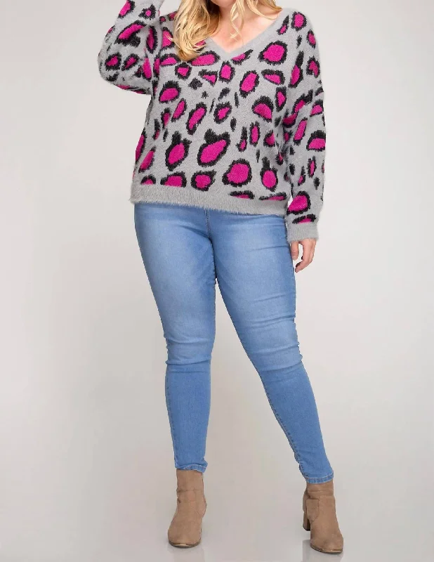 Perfect fashion pieces for the busy woman   Leopard V Back Plus Sweater In Hot Pink/grey