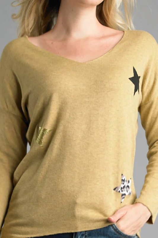 Find your perfect fit with stylish women’s clothing   Lightweight V Neckline Sweater With Stars In Mustard