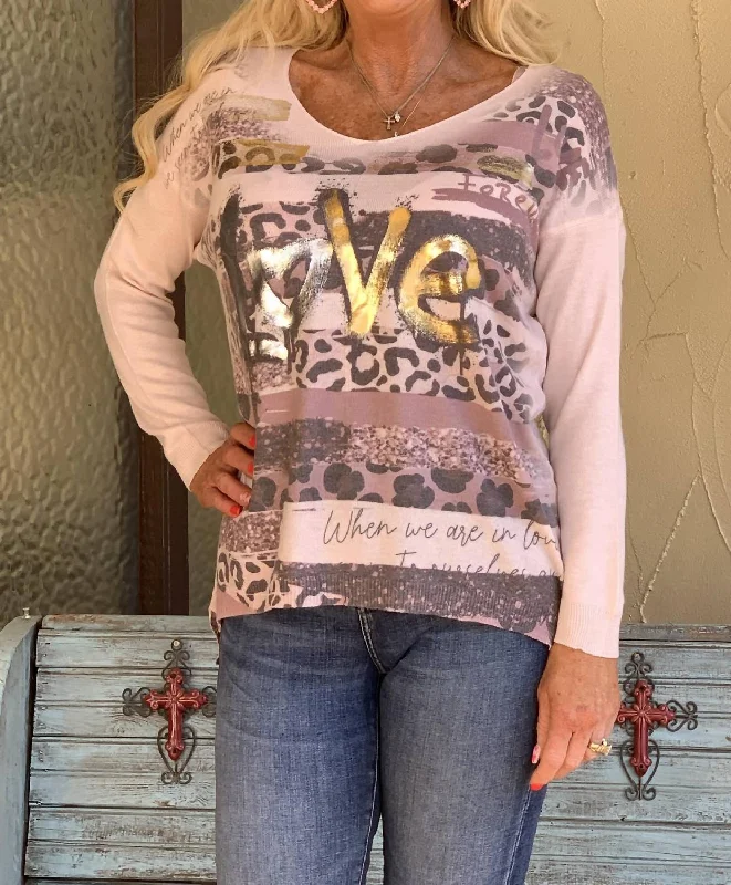 Refresh your wardrobe with stylish women’s outfits   "love" Silver & Gold Foil Sweater In Pink