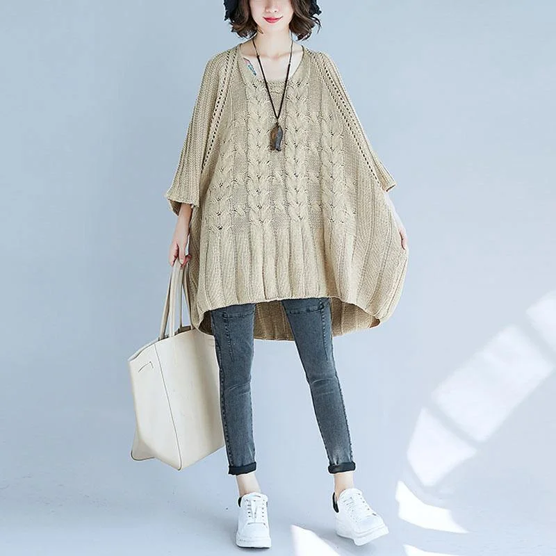 Confidence-boosting clothing for women   Oversized bracelet sleeved knitted top plus size hollow out knit tops khaki