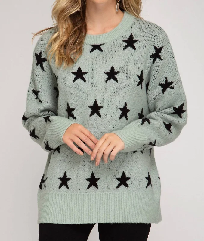 Women’s clothing that fits your personality and style   Star Print Slate Tunic Sweater In Green