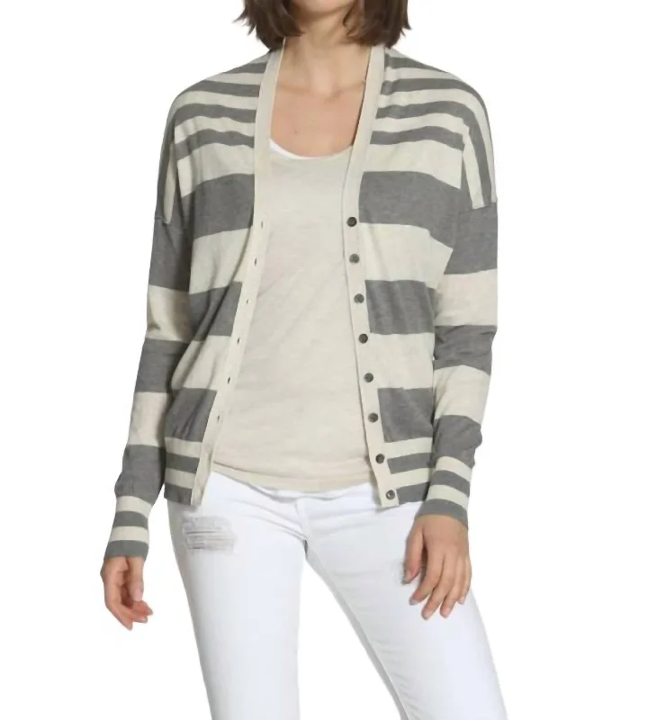 Premium quality women’s clothing at affordable prices Striped Cotton Cardigan In Grey/ecru Premium quality women’s clothing at affordable prices Striped Cotton Cardigan In Grey/ecru