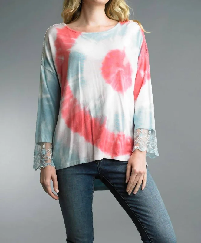 Chic, modern fashion for empowered women   Tie Dye And Lace Hi Low Sweater In Multi