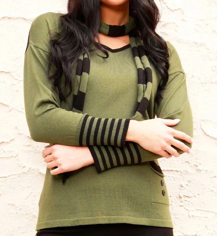 Fashionable clothing that fits every occasion V-Neck Sweater With Scarf In Sage/black Fashionable clothing that fits every occasion V-Neck Sweater With Scarf In Sage/black
