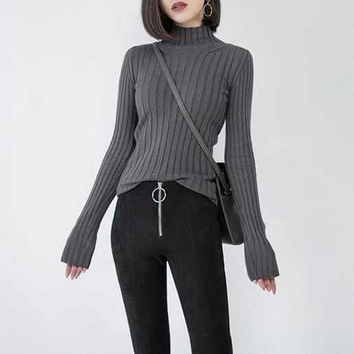 High-fashion styles at affordable prices   vintage dark gray sweater trendy plus size high neck pullover top quality side open sweaters