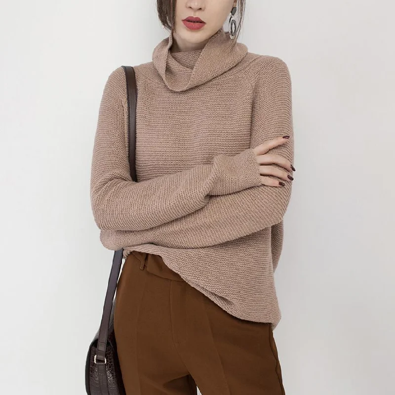 Stylish and comfortable outfits for women   vintage khaki cozy sweater oversize high neck knitted tops Elegant baggy blouse