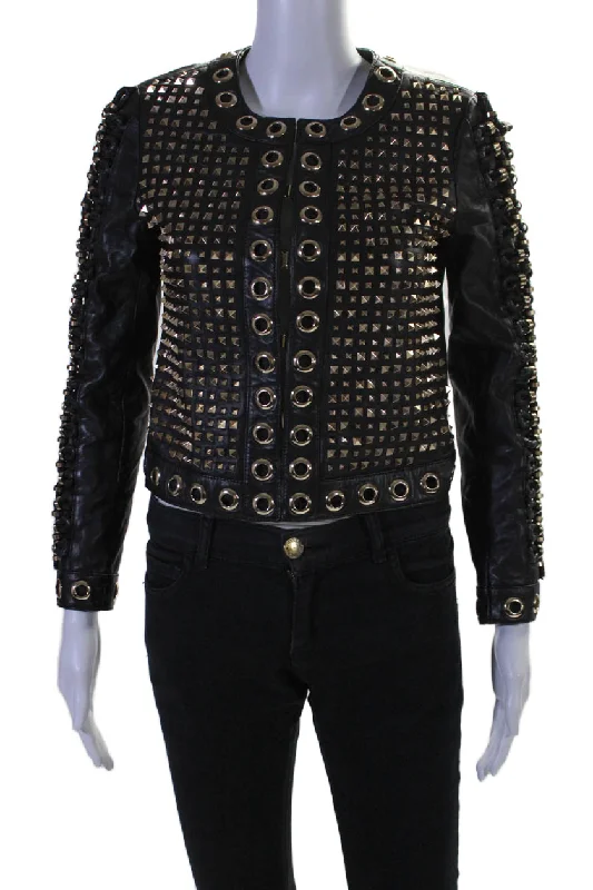 Essential women’s clothing for every season   Alice + Olivia Womens Hook Front Braided Studded Grommet Leather Jacket Black XS