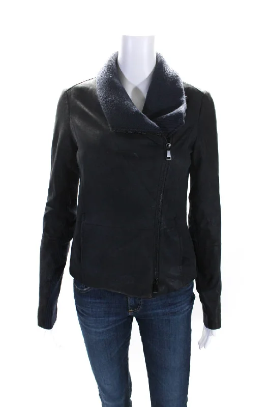 Sporty-chic women’s apparel for active lifestyles   Vince Womens Navy Blue Leather Cowl Neck Full Zip Long Sleeve Jacket