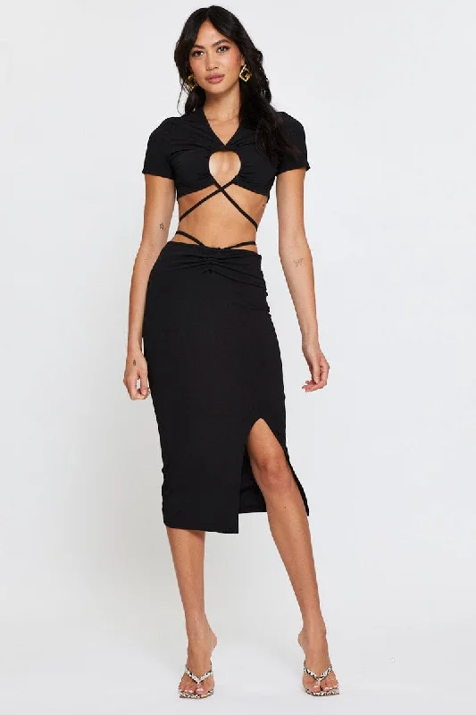   Affordable stylish women’s fashion collection   Black Ribbed Bodycon Midi Skirt
