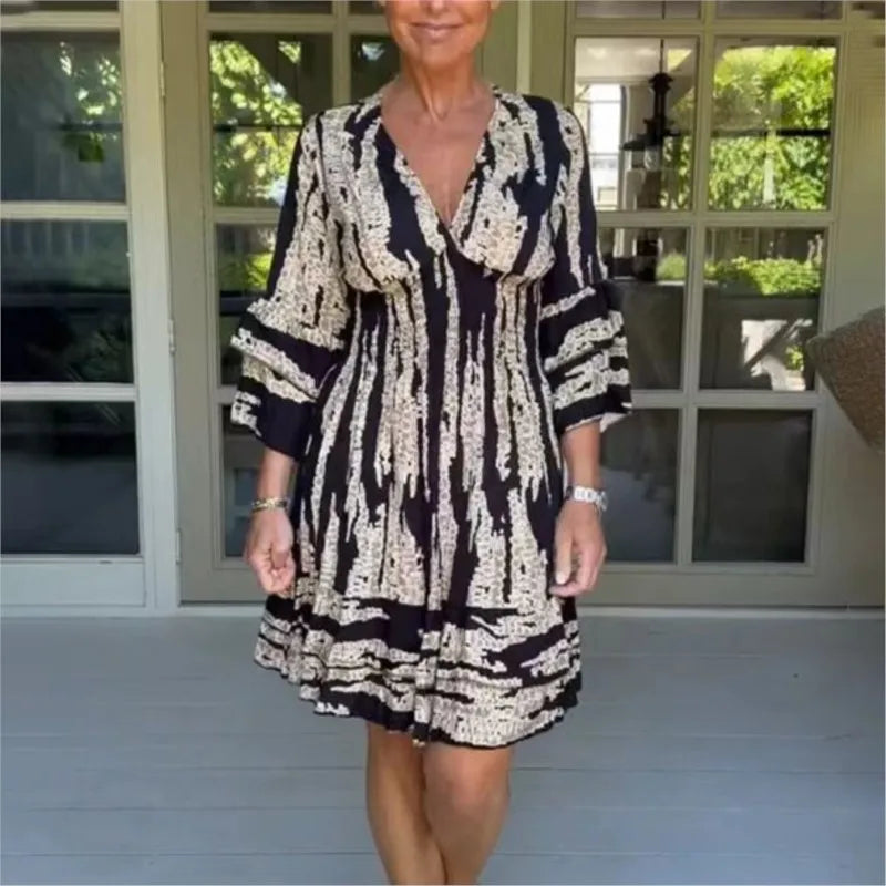 FashionSierra - 2025 Chic Vintage High Waist Slim Flare-Sleeved Midi Boho Dress