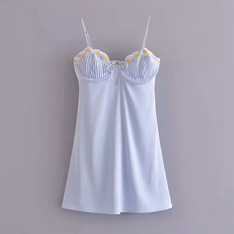Find your perfect fit with stylish women’s clothing   Berlin Light Blue Floral Embroidered Back Hollow Out Midi Dress