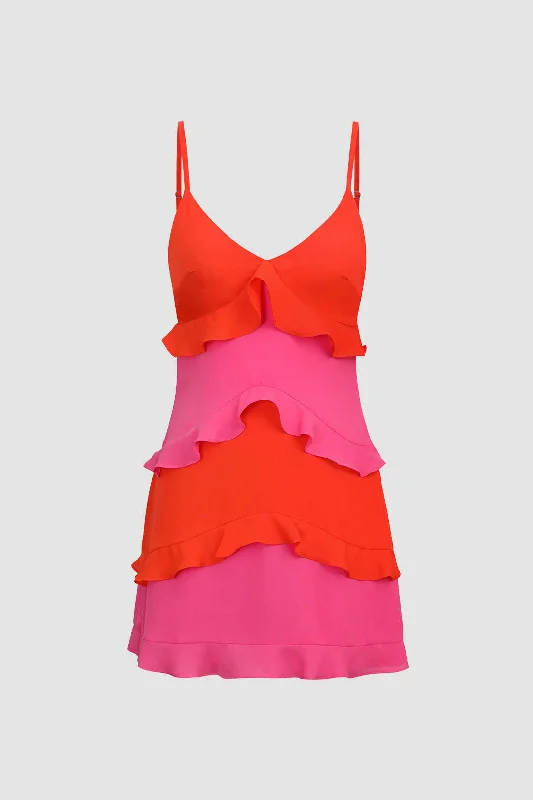  Dress up or down with these versatile pieces   Color Block Ruffle V-Neck Mini Dress