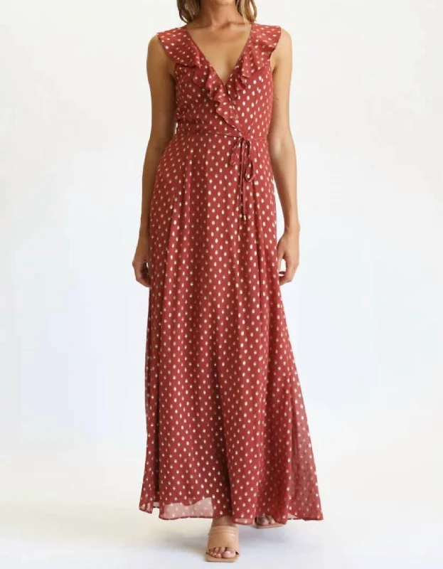 Curated collections of sophisticated women’s wear   Polka Dot Ruffle Maxi Dress In Rust