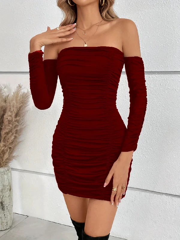  Solid Off Shoulder Long Sleeve Ruffled Dress, Sexy Elegant Bag Hip Mini Dress, Women's Clothing