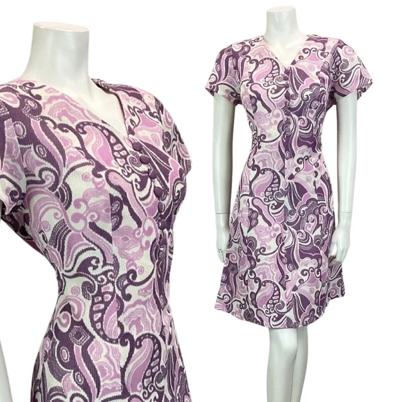  Fashionable clothing that fits every occasion   VINTAGE 60S 70S WHITE LILAC PURPLE PSYCHEDELIC BOHO MOD MINI DRESS 12 14