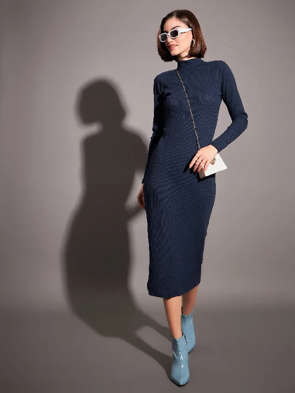   Chic, modern fashion for empowered women   Women Navy Rib High Neck Maxi Dress