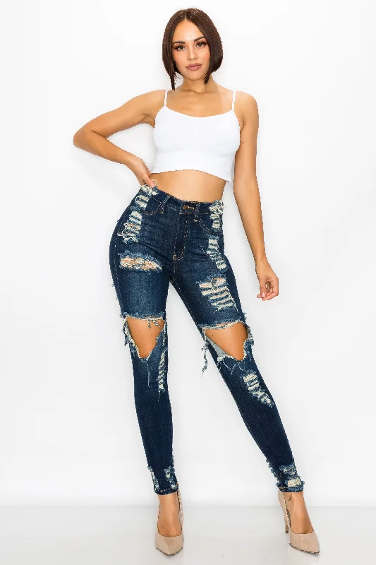Stylish plus-size clothing for women   4900 Women High Waist Skinny Stretch Ripped Jeans Destroyed Denim Pants