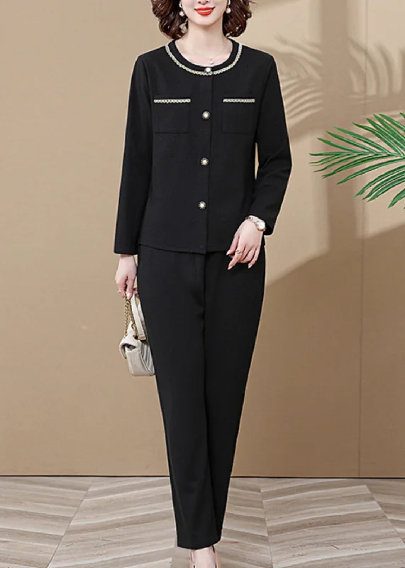 Women’s clothing to inspire confidence and beauty   Fashion Black Pockets Patchwork Cardigans And Wide Leg Pants Two Pieces Set Long Sleeve