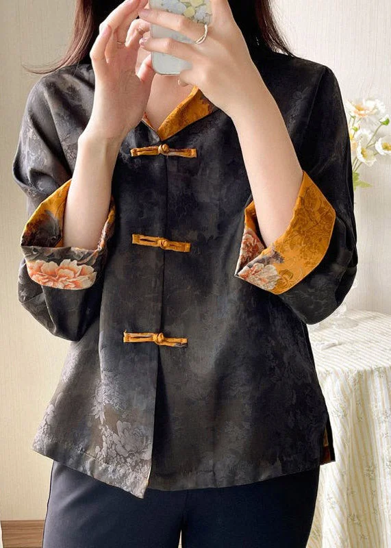 Classic pieces for a timeless wardrobe   Fashion Stand Collar Print Button Side Open Silk Coat Long Sleeve