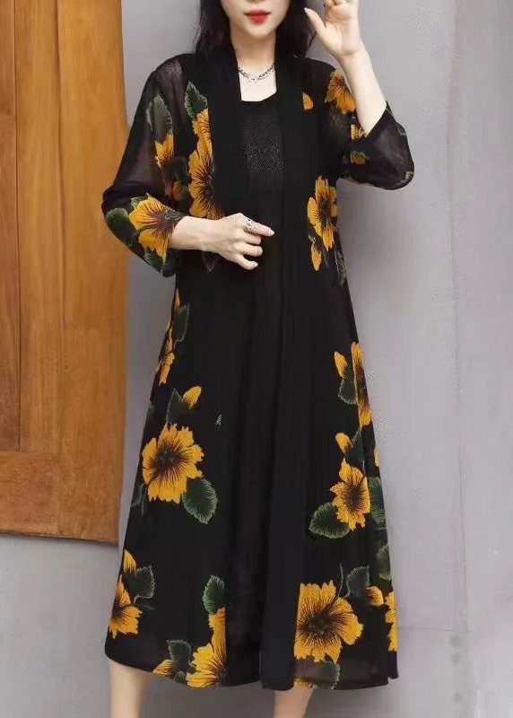 High-fashion styles at affordable prices   Fashion Yellow V Neck Print Chiffon Long Sunscreen Cardigans Long Sleeve