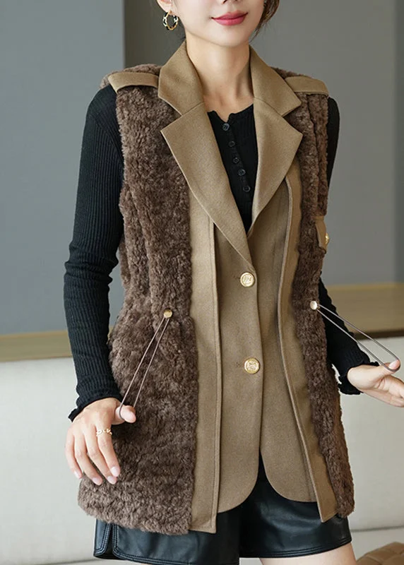 Versatile fashion for every type of woman   Fine Chocolate Notched Patchwork Button Faux Fur Waistcoat Fall