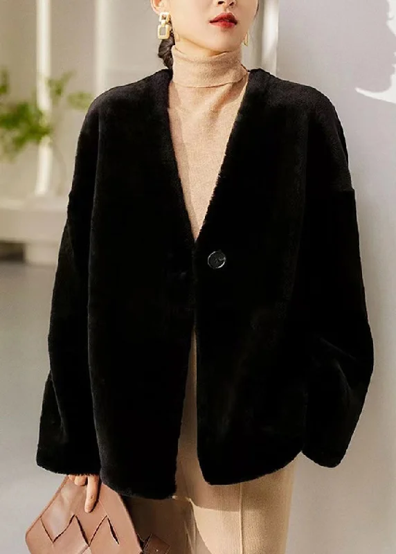 The ultimate destination for women’s clothing   Italian Black V Neck Button Patchwork Wool Coats Winter