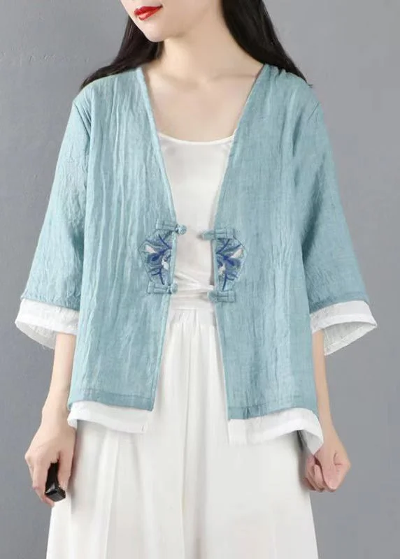Bold fashion choices for the confident woman Light Blue Button Patchwork Linen Tops Coats V Neck Half Sleeve Bold fashion choices for the confident woman Light Blue Button Patchwork Linen Tops Coats V Neck Half Sleeve